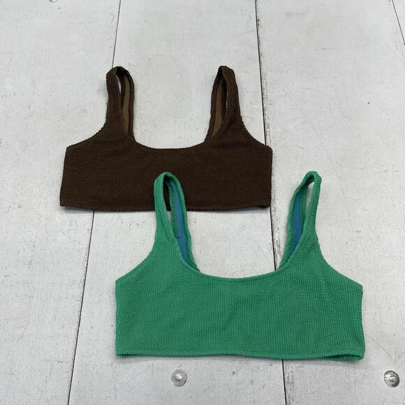 Koana Swim Emma Crinkle Top Set Womens M Green Brown Bralette 2 Piece Textured - Picture 1 of 6